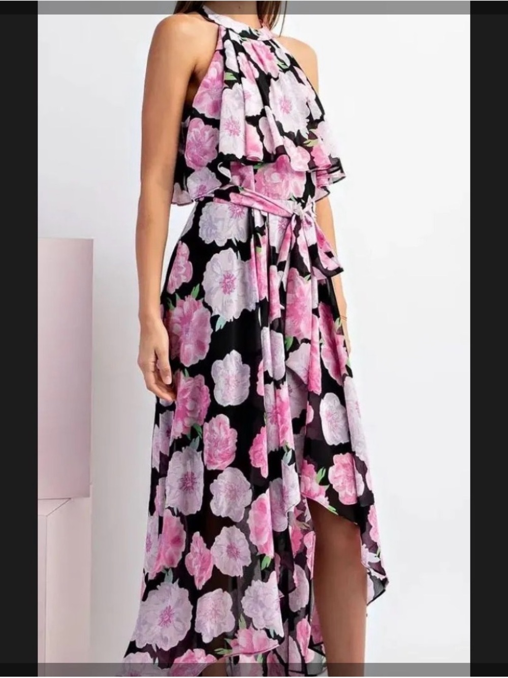 Floral Halter High-low Dress in Pink on Black - Picture 1 of 7